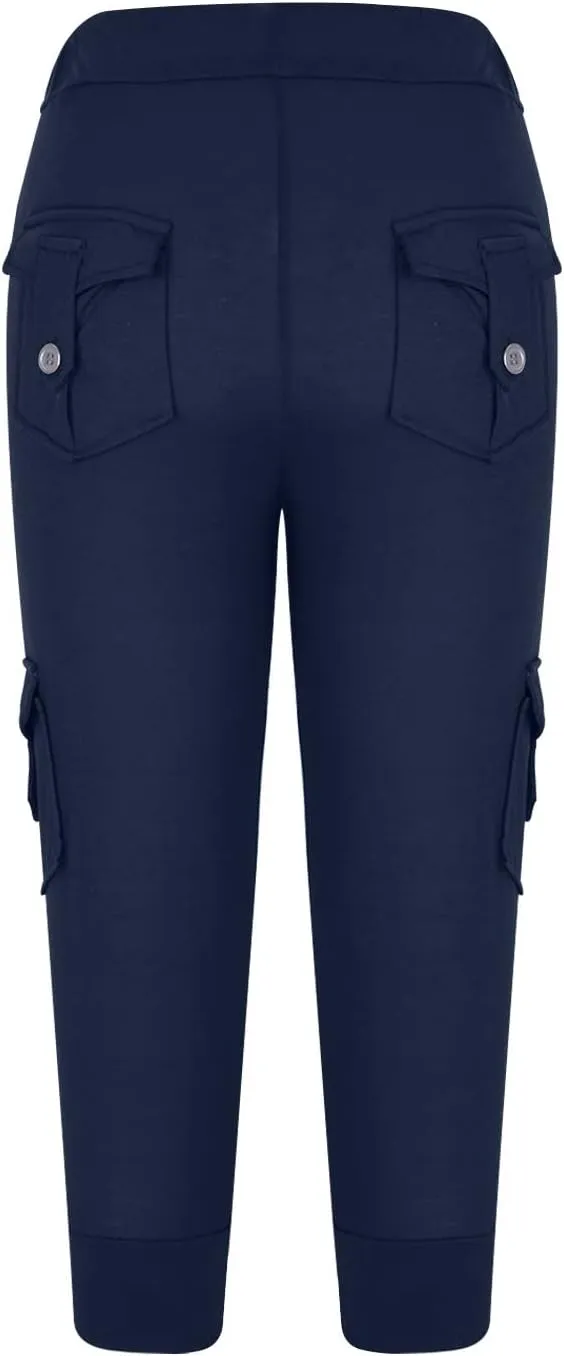 Wkishenl Capri Pants for Women Summer 2025 Drawstring Elastic High Waist Cargo Pants with Pockets Solid Color Button Joggers
