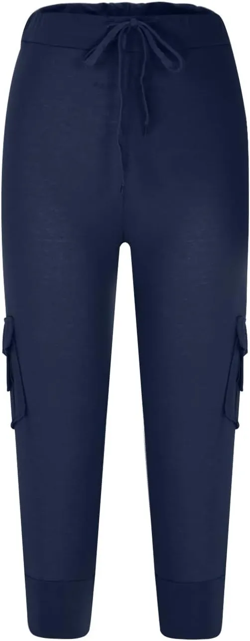 Wkishenl Capri Pants for Women Summer 2025 Drawstring Elastic High Waist Cargo Pants with Pockets Solid Color Button Joggers
