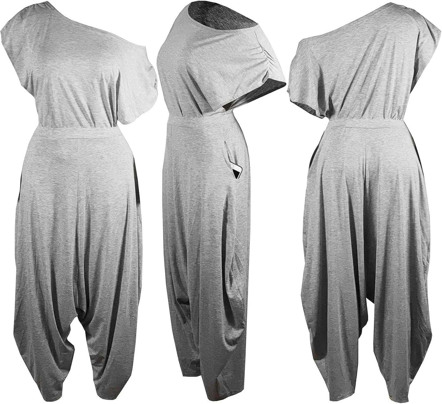 WOKANSE Womens 2 Piece Outfits Solid Short Sleeve Off One Shoulder Pullover Top and Loose Harem Pants Set Tracksuits