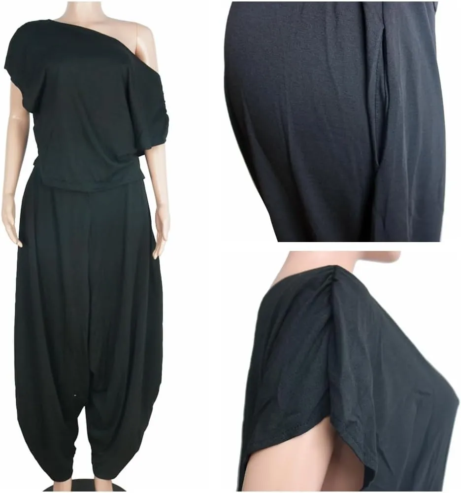 WOKANSE Womens 2 Piece Outfits Solid Short Sleeve Off One Shoulder Pullover Top and Loose Harem Pants Set Tracksuits