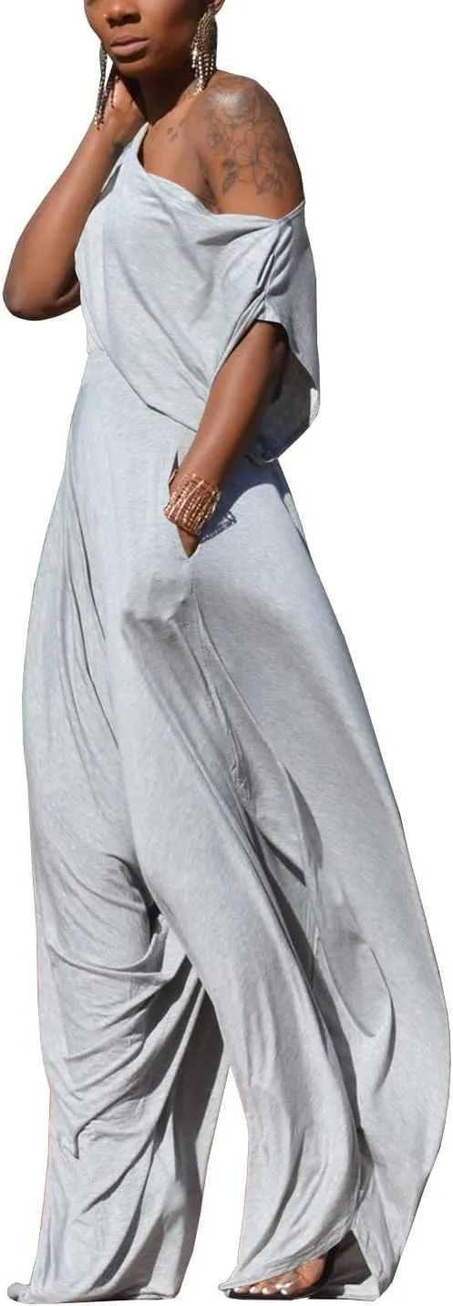 WOKANSE Womens 2 Piece Outfits Solid Short Sleeve Off One Shoulder Pullover Top and Loose Harem Pants Set Tracksuits