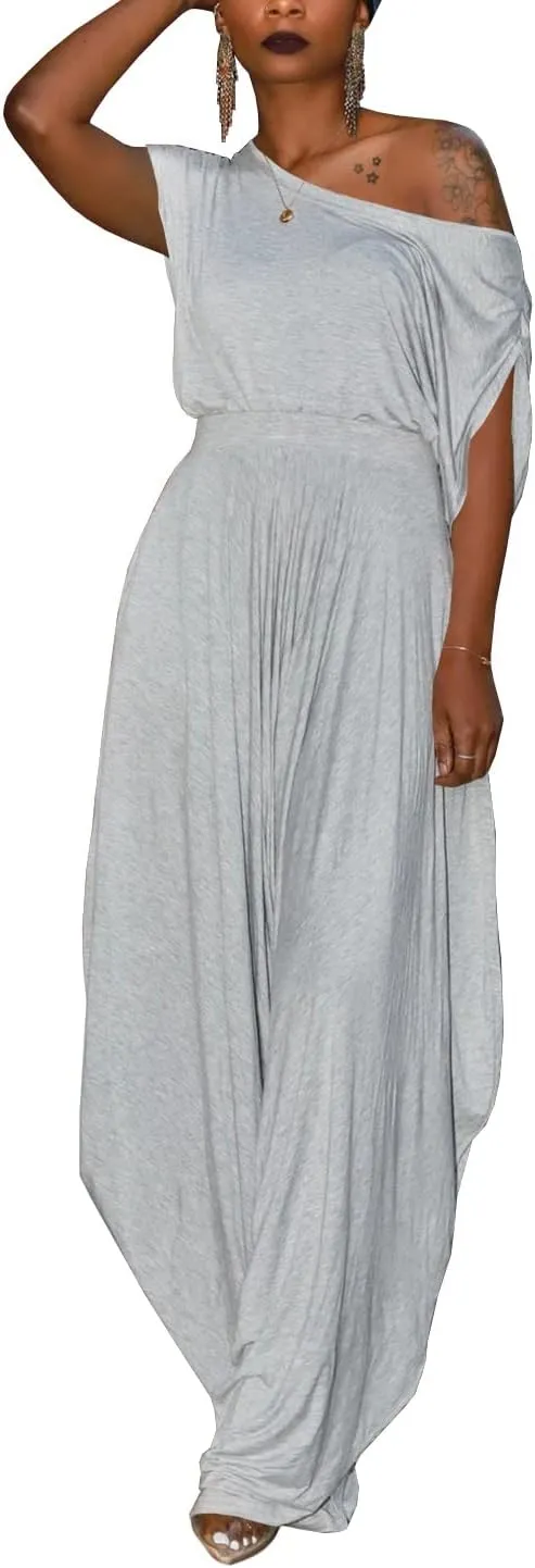 WOKANSE Womens 2 Piece Outfits Solid Short Sleeve Off One Shoulder Pullover Top and Loose Harem Pants Set Tracksuits