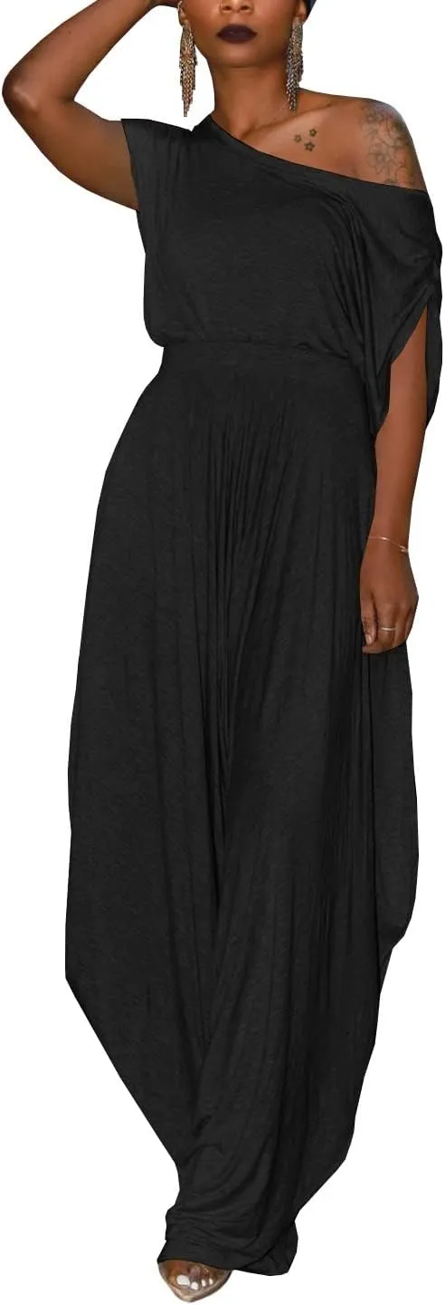 WOKANSE Womens 2 Piece Outfits Solid Short Sleeve Off One Shoulder Pullover Top and Loose Harem Pants Set Tracksuits