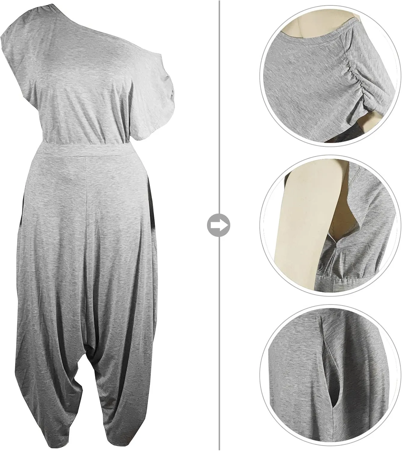 WOKANSE Womens 2 Piece Outfits Solid Short Sleeve Off One Shoulder Pullover Top and Loose Harem Pants Set Tracksuits