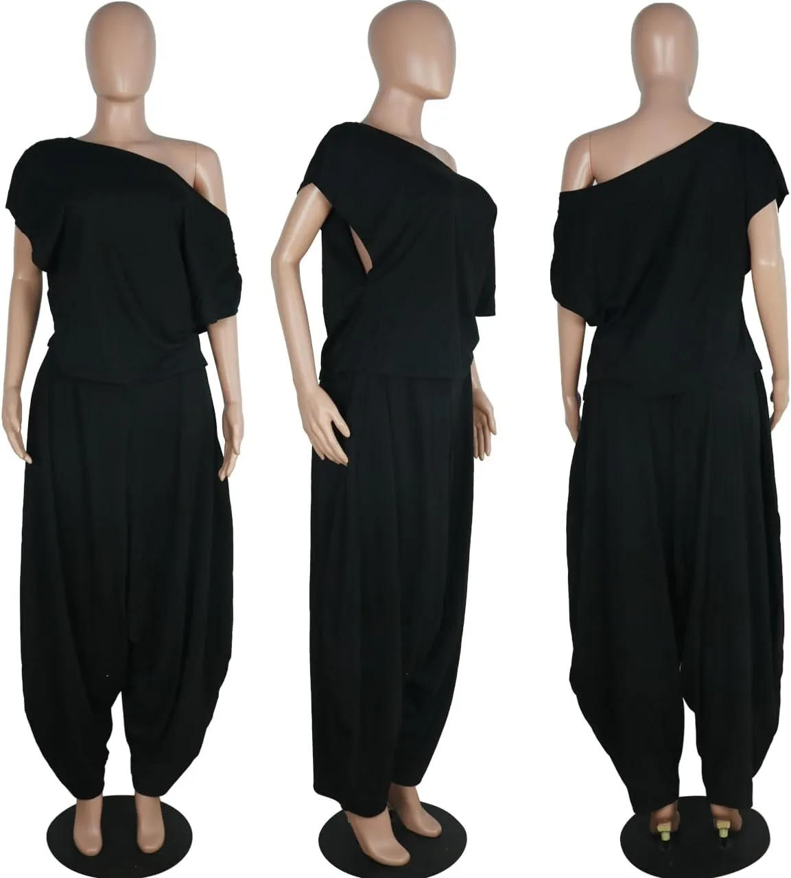 WOKANSE Womens 2 Piece Outfits Solid Short Sleeve Off One Shoulder Pullover Top and Loose Harem Pants Set Tracksuits