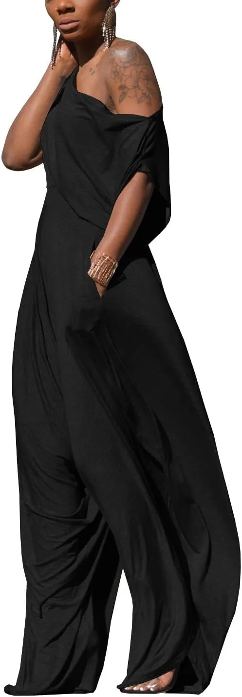 WOKANSE Womens 2 Piece Outfits Solid Short Sleeve Off One Shoulder Pullover Top and Loose Harem Pants Set Tracksuits