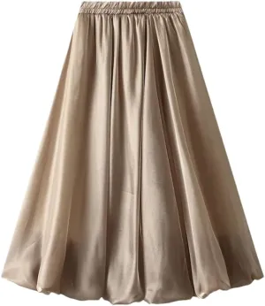 Women A-Line Midi Long Skirt Tulle Party Elastic Waist Skirts A-Line Mid-Calf Skirt