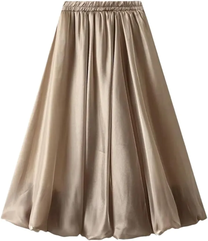 Women A-Line Midi Long Skirt Tulle Party Elastic Waist Skirts A-Line Mid-Calf Skirt
