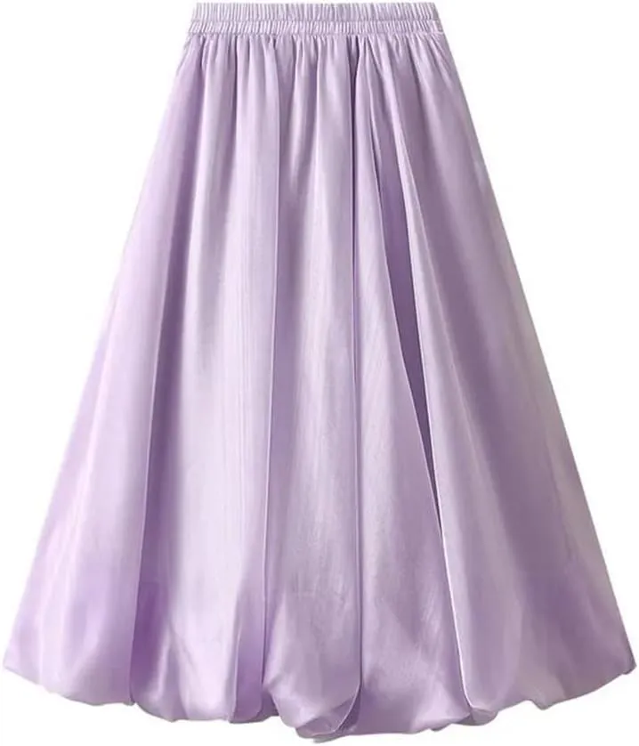 Women A-Line Midi Long Skirt Tulle Party Elastic Waist Skirts A-Line Mid-Calf Skirt