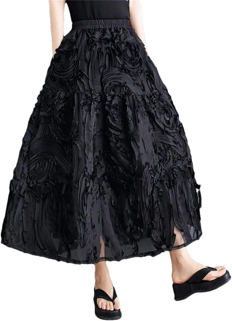 Women A-Line Midi Skirts Elastic High Waist Irregular Skirts Pleated Loose Ruffle Black Skirt