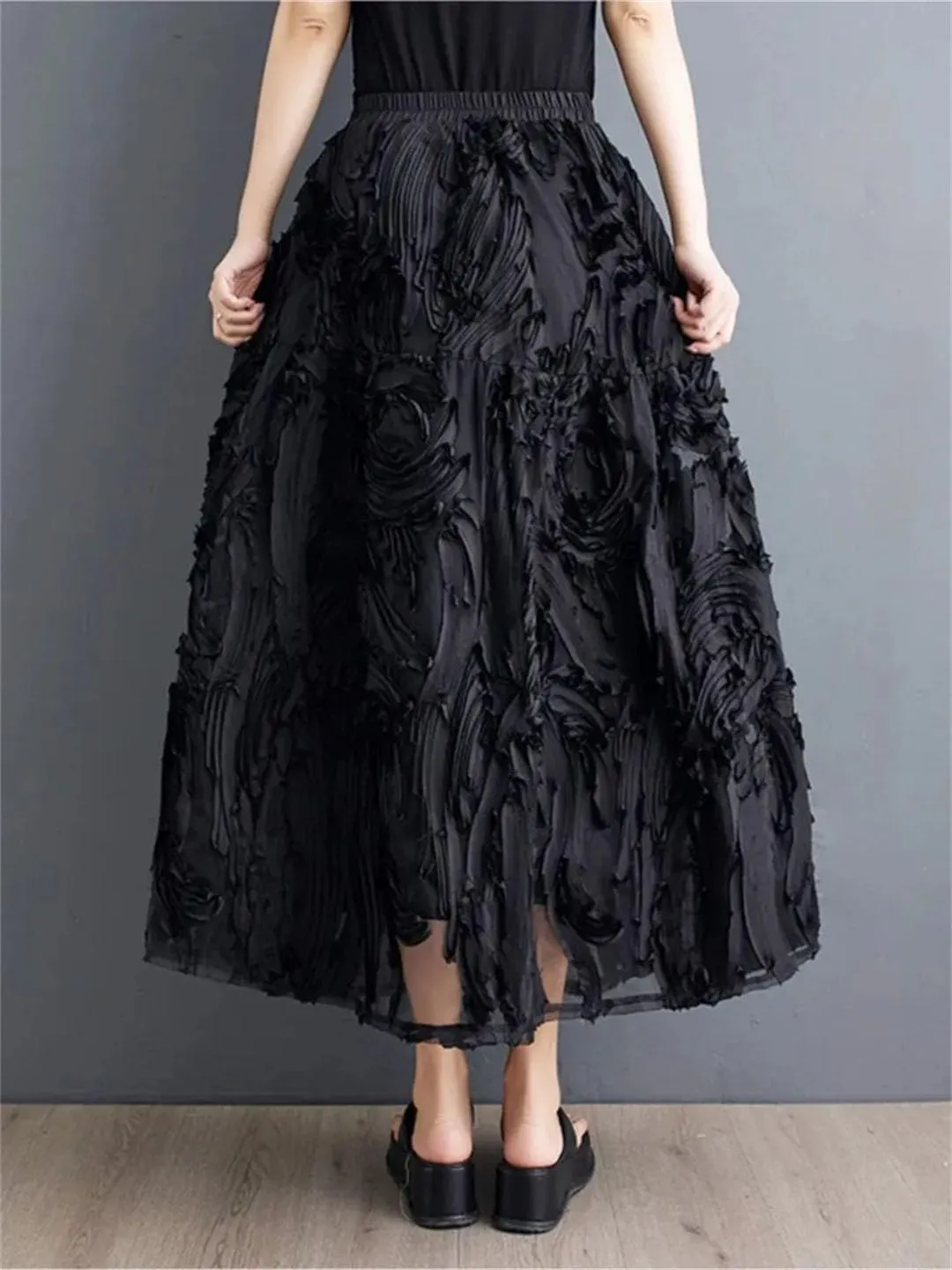 Women A-Line Midi Skirts Elastic High Waist Irregular Skirts Pleated Loose Ruffle Black Skirt