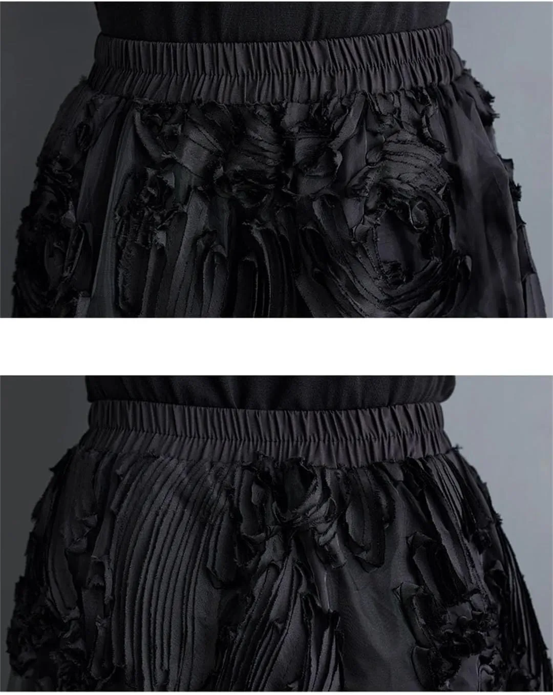 Women A-Line Midi Skirts Elastic High Waist Irregular Skirts Pleated Loose Ruffle Black Skirt