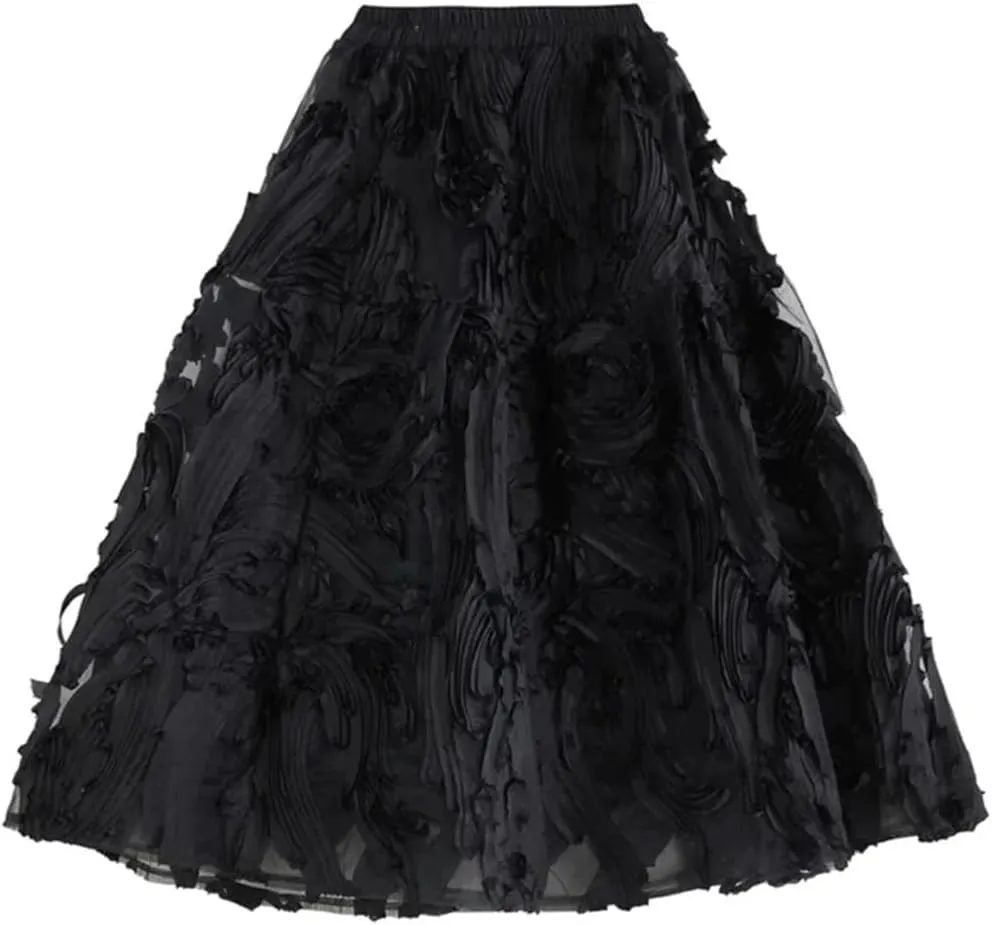 Women A-Line Midi Skirts Elastic High Waist Irregular Skirts Pleated Loose Ruffle Black Skirt