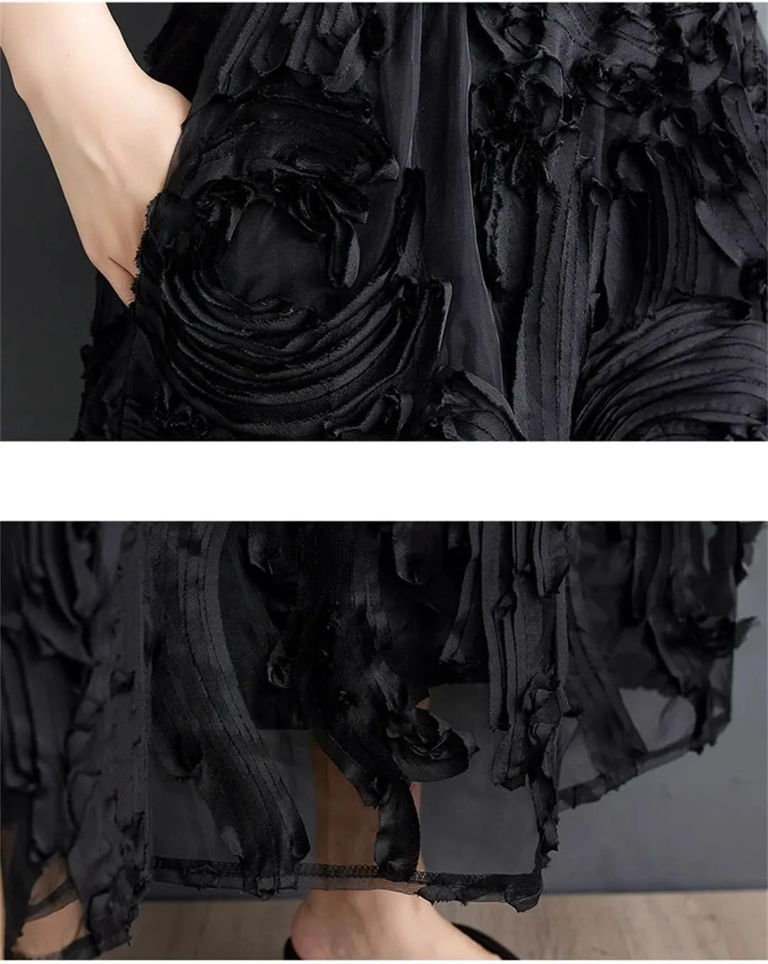 Women A-Line Midi Skirts Elastic High Waist Irregular Skirts Pleated Loose Ruffle Black Skirt