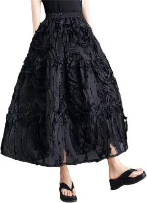 Women A-Line Midi Skirts Elastic High Waist Irregular Skirts Pleated Loose Ruffle Black Skirt