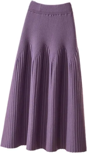 Women Autumn Winter Knitted Skirt Casual Solid All-Match A Line High Waist Pleated Midi Long Skirt
