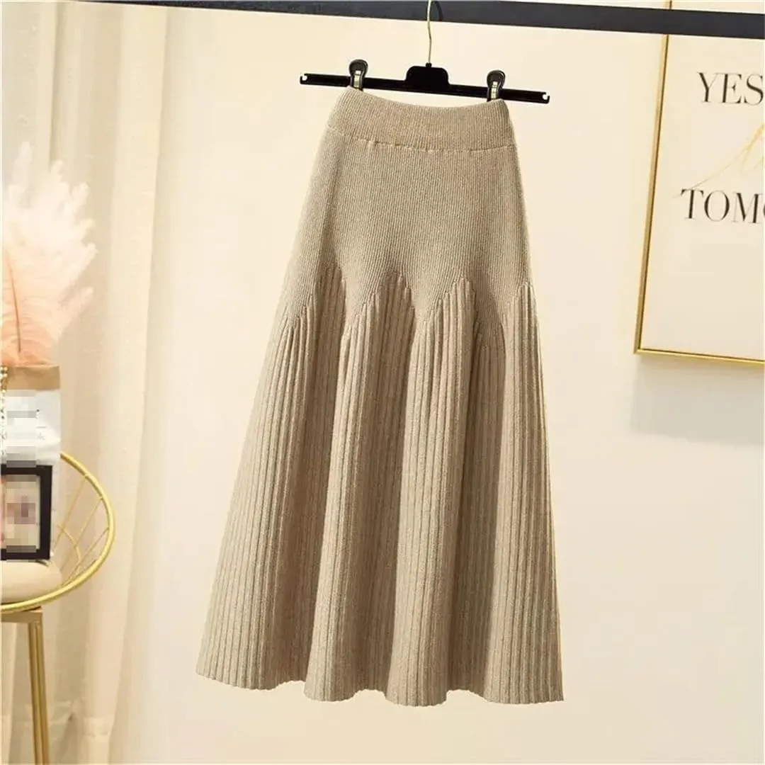 Women Autumn Winter Mid-Length Solid Color A-Line Skirt Casual Knitted Pleated Midi Skirt