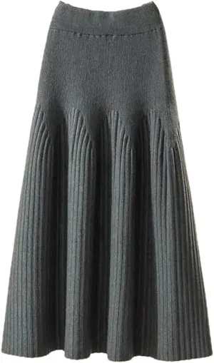 Women Autumn Winter Mid-Length Solid Color A-Line Skirt Casual Knitted Pleated Midi Skirt