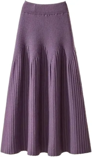 Women Autumn Winter Mid-Length Solid Color A-Line Skirt Casual Knitted Pleated Midi Skirt