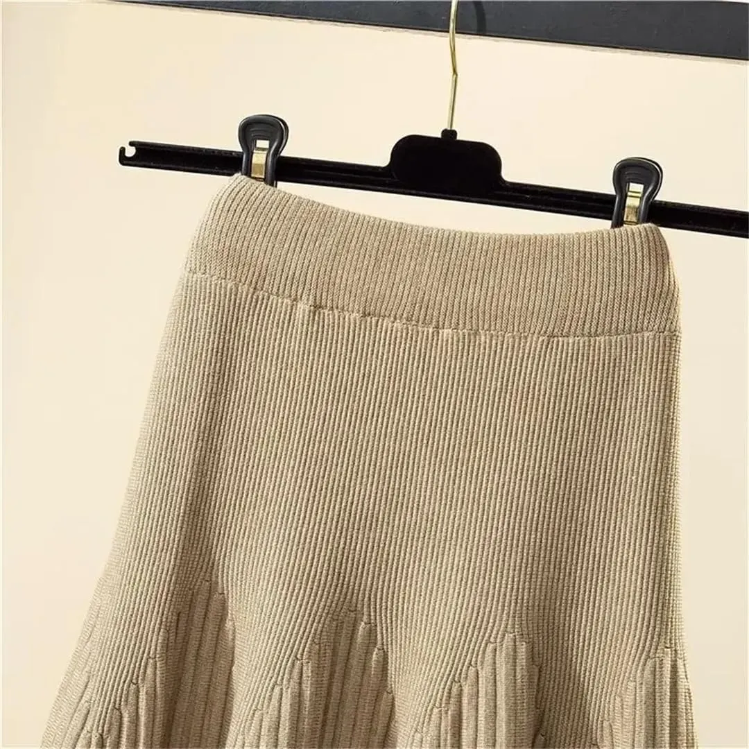 Women Autumn Winter Mid-Length Solid Color A-Line Skirt Casual Knitted Pleated Midi Skirt