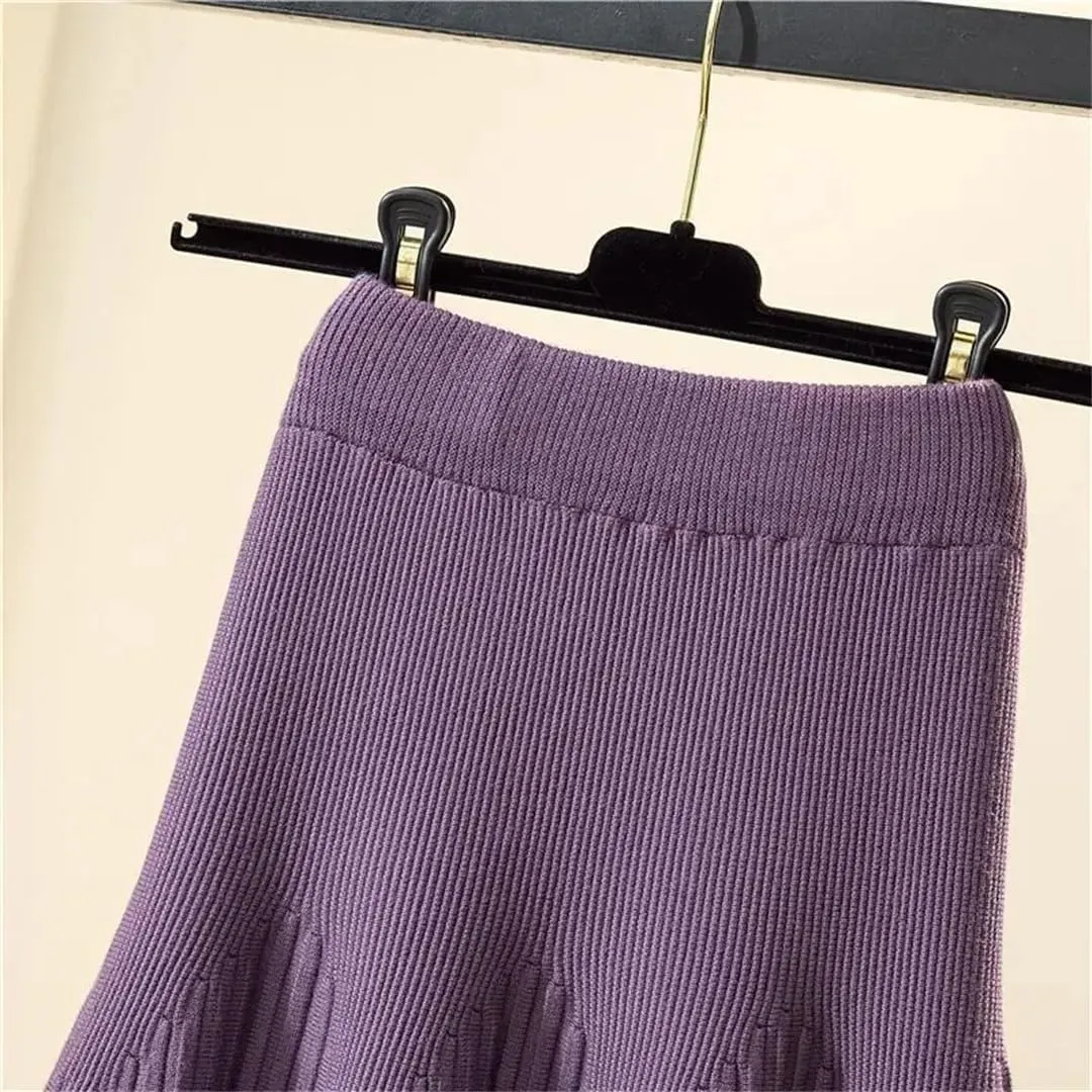 Women Autumn Winter Mid-Length Solid Color A-Line Skirt Casual Knitted Pleated Midi Skirt