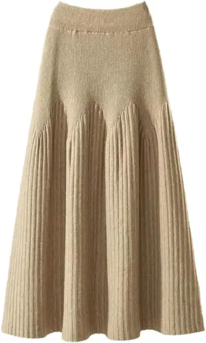 Women Autumn Winter Mid-Length Solid Color A-Line Skirt Casual Knitted Pleated Midi Skirt