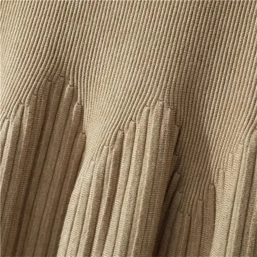 Women Autumn Winter Mid-Length Solid Color A-Line Skirt Casual Knitted Pleated Midi Skirt