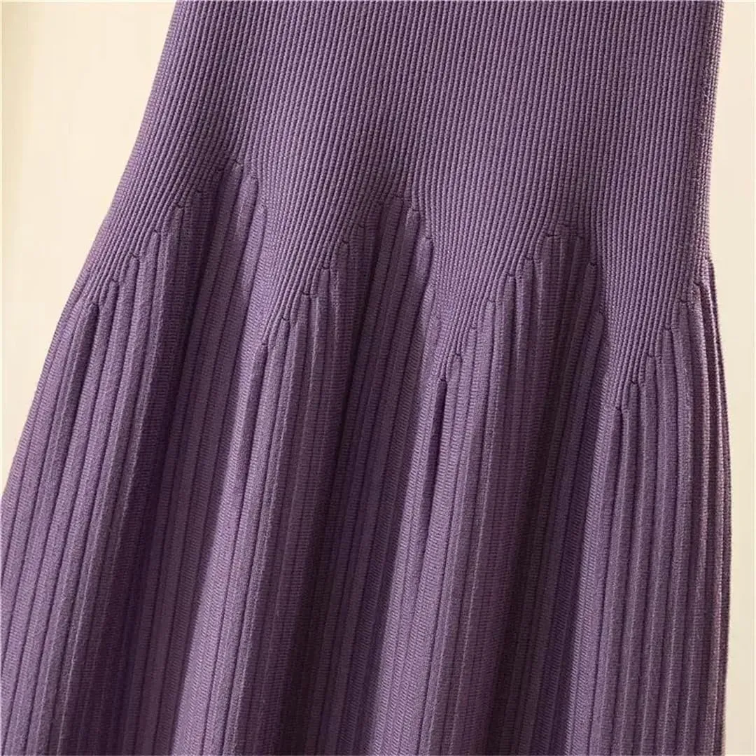 Women Autumn Winter Mid-Length Solid Color A-Line Skirt Casual Knitted Pleated Midi Skirt
