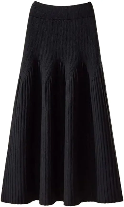 Women Autumn Winter Mid-Length Solid Color A-Line Skirt Casual Knitted Pleated Midi Skirt