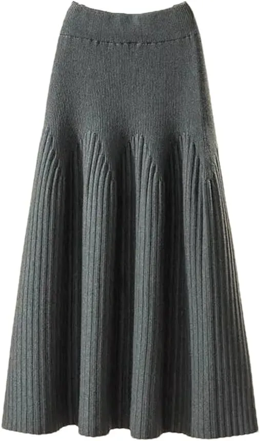 Women Autumn Winter Mid-Length Solid Color A-Line Skirt Casual Knitted Pleated Midi Skirt