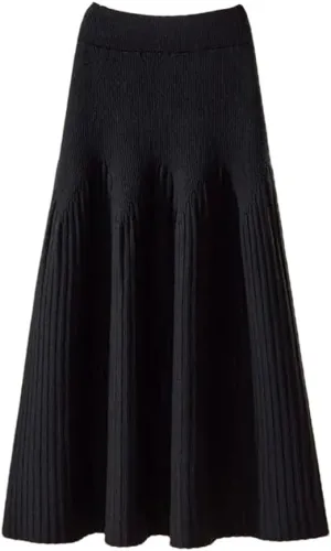 Women Autumn Winter Mid-Length Solid Color A-Line Skirt Casual Knitted Pleated Midi Skirt