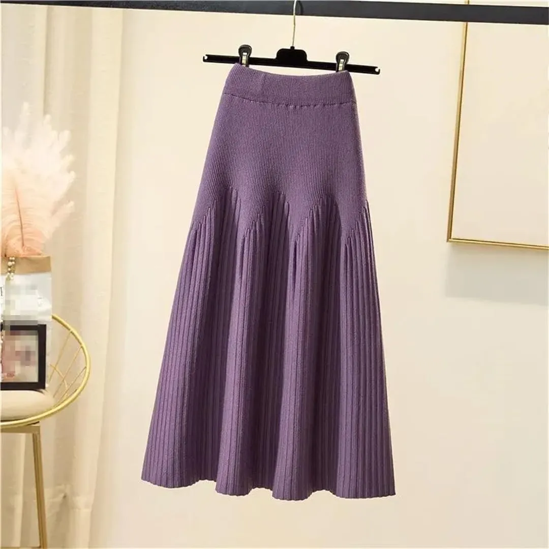 Women Autumn Winter Mid-Length Solid Color A-Line Skirt Casual Knitted Pleated Midi Skirt