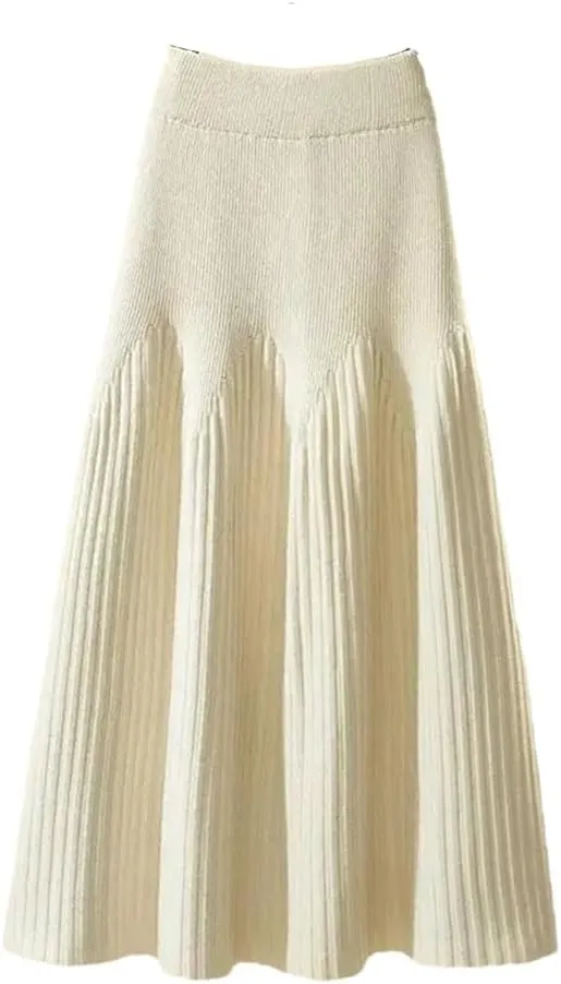 Women Autumn Winter Mid-Length Solid Color A-Line Skirt Casual Knitted Pleated Midi Skirt