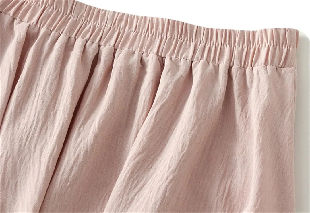Women Basic Long Skirt High Waist Casual Midi A-Line Skirts Solid Elastic Waist Pleated Skirt