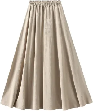 Women Basic Long Skirt High Waist Casual Midi A-Line Skirts Solid Elastic Waist Pleated Skirt