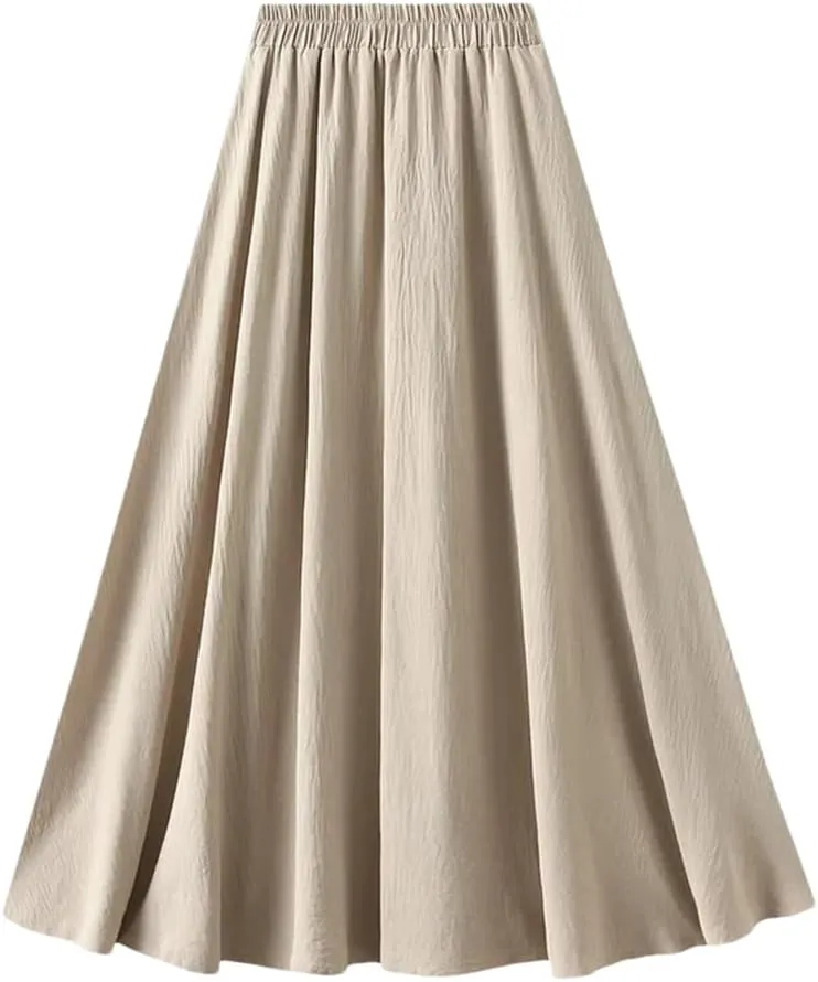 Women Basic Long Skirt High Waist Casual Midi A-Line Skirts Solid Elastic Waist Pleated Skirt
