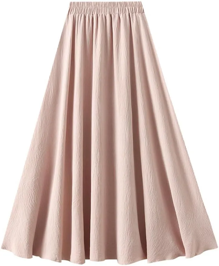Women Basic Long Skirt High Waist Casual Midi A-Line Skirts Solid Elastic Waist Pleated Skirt