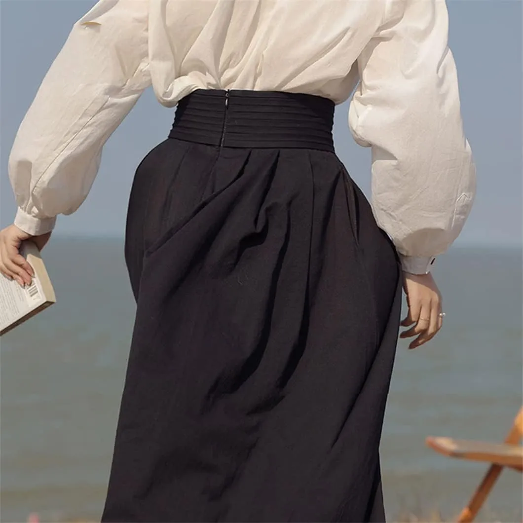 Women Button Vintage Skirt High Waist Pleated Long Midi Black White Skirts