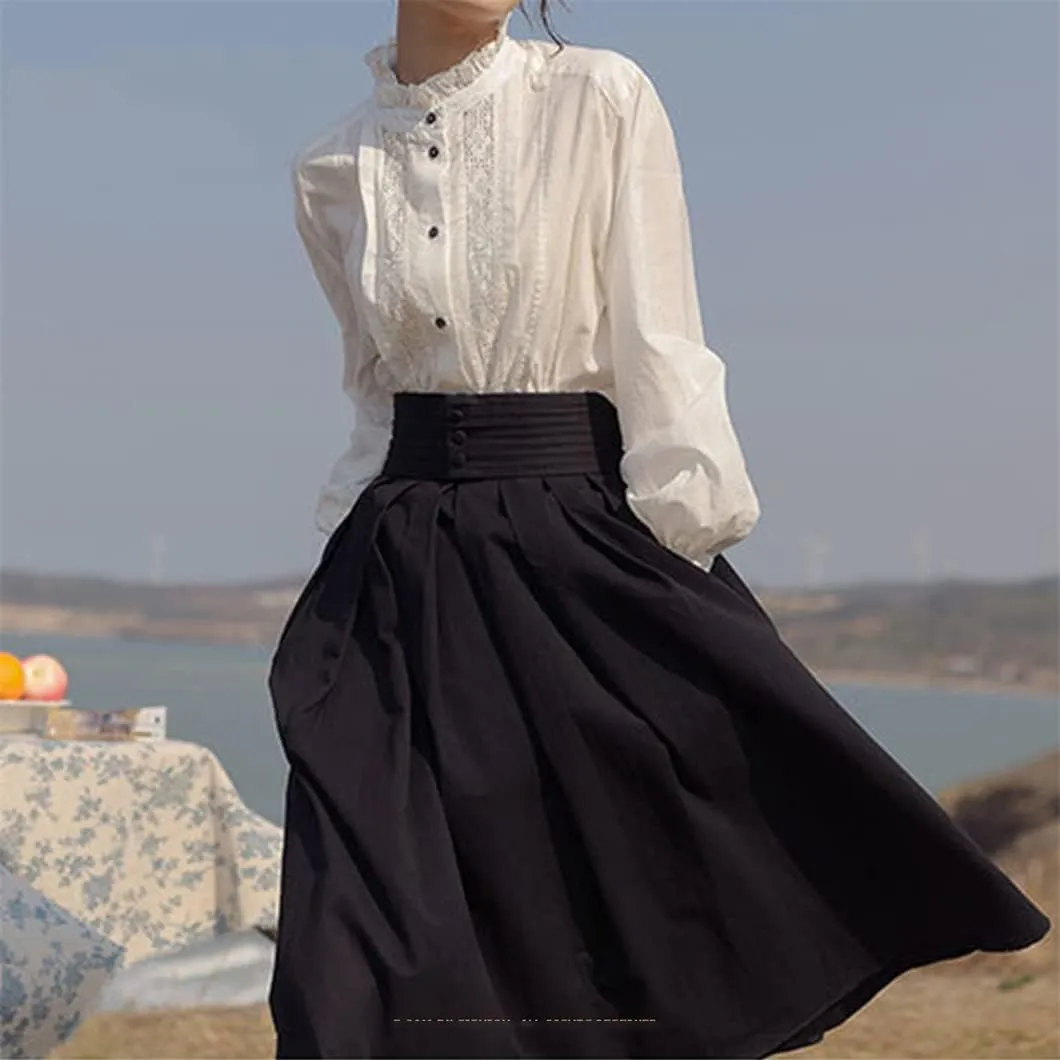 Women Button Vintage Skirt High Waist Pleated Long Midi Black White Skirts