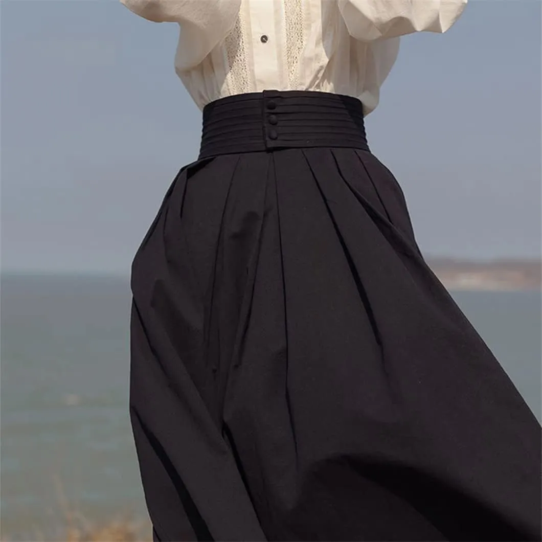Women Button Vintage Skirt High Waist Pleated Long Midi Black White Skirts