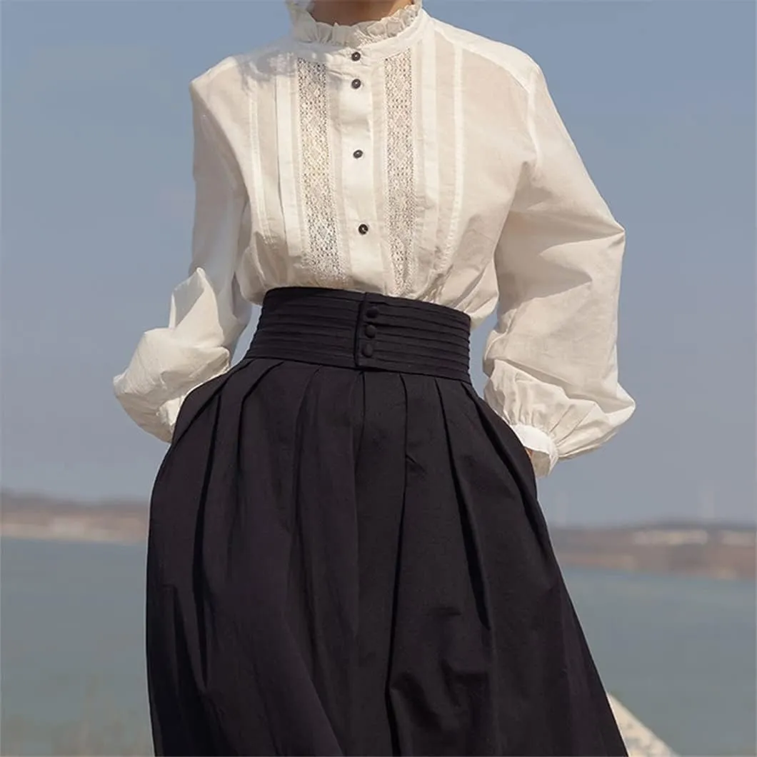 Women Button Vintage Skirt High Waist Pleated Long Midi Black White Skirts