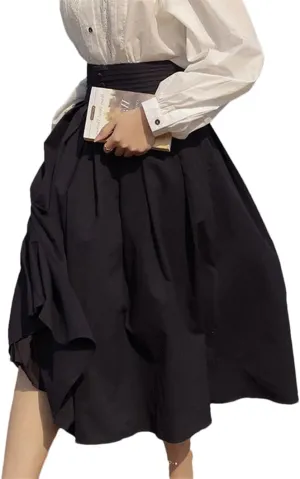 Women Button Vintage Skirt High Waist Pleated Long Midi Black White Skirts