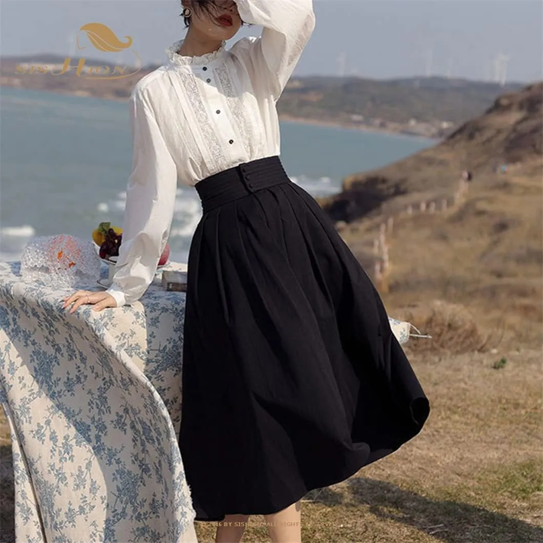 Women Button Vintage Skirt High Waist Pleated Long Midi Black White Skirts