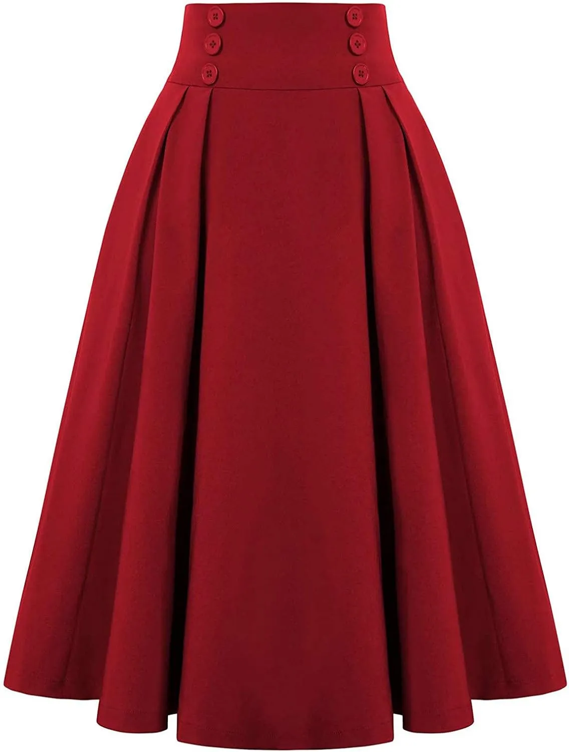 Women Casual Midi Skirt with Pockets Vintage Button Elastic High Waisted Pleated A-Line Skirts Trendy Skirts for Women