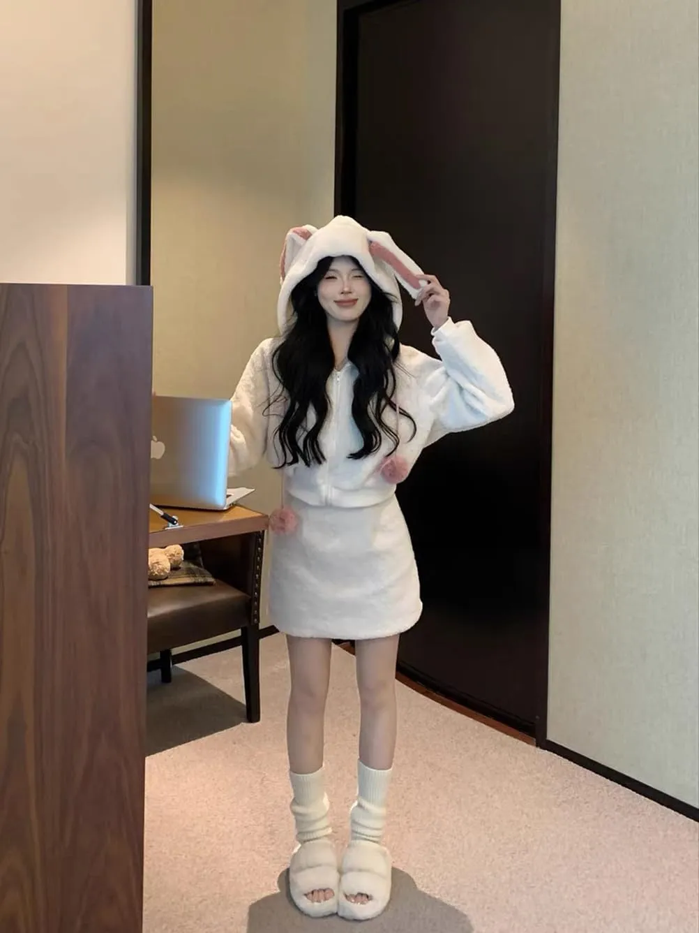Women Cute Bunny Ear Long Sleeve Fuzzy Fluffy Rabbit Tops Sweatshirt Hoodie Jacket Coats