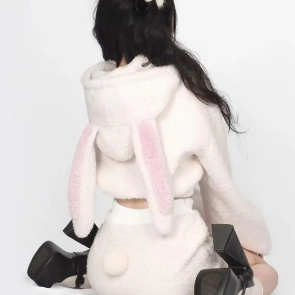 Women Cute Bunny Ear Long Sleeve Fuzzy Fluffy Rabbit Tops Sweatshirt Hoodie Jacket Coats