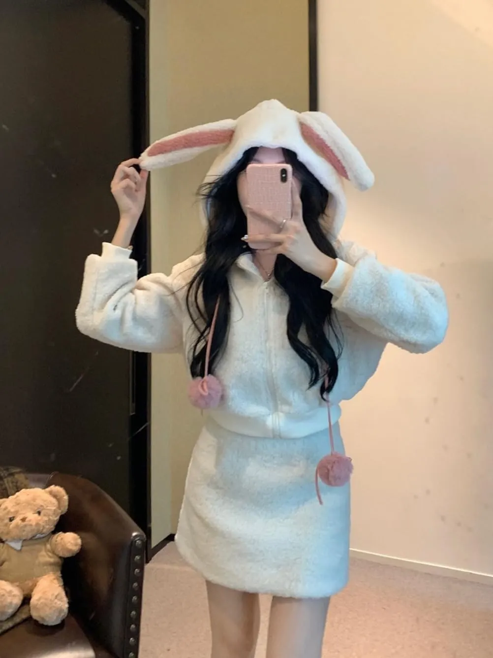 Women Cute Bunny Ear Long Sleeve Fuzzy Fluffy Rabbit Tops Sweatshirt Hoodie Jacket Coats