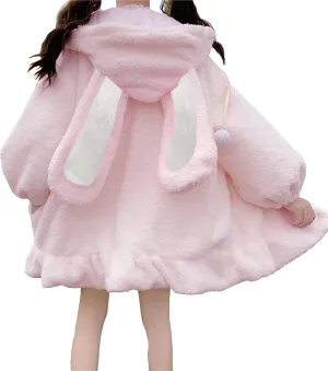Women Cute Bunny Ear Long Sleeve Fuzzy Fluffy Rabbit Tops Sweatshirt Hoodie Jacket Coats