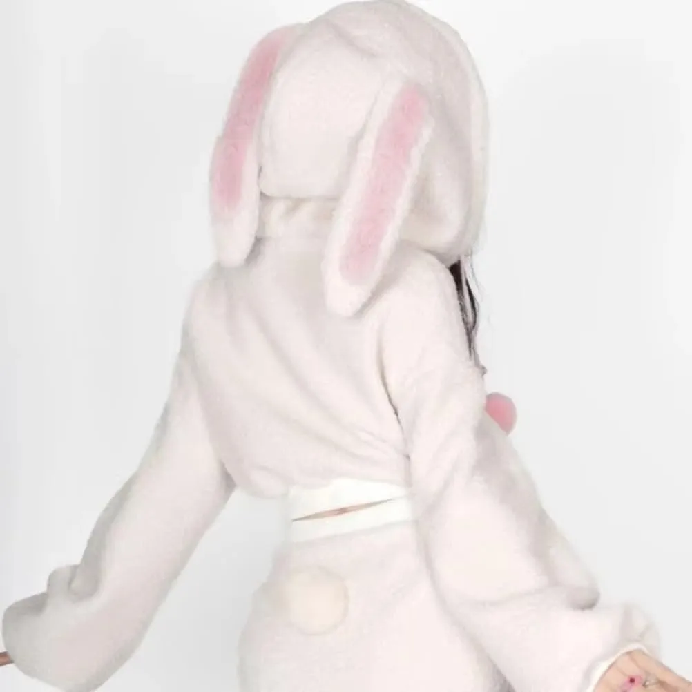 Women Cute Bunny Ear Long Sleeve Fuzzy Fluffy Rabbit Tops Sweatshirt Hoodie Jacket Coats