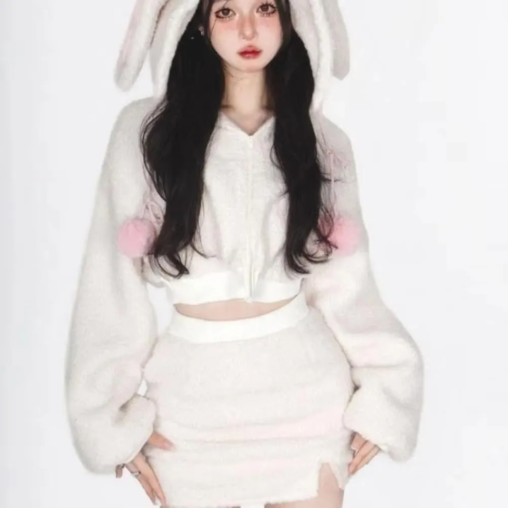 Women Cute Bunny Ear Long Sleeve Fuzzy Fluffy Rabbit Tops Sweatshirt Hoodie Jacket Coats